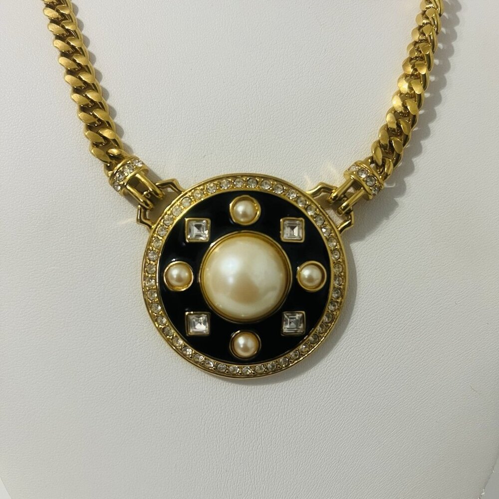 Monet Gold Tone Necklace With Pendant Black Enamel Crystal Round Signed